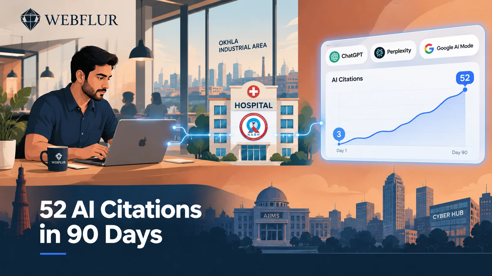 Delhi NCR HealthTech HIMS SaaS AI Citations Case Study — 55-person hospital information management SaaS at Okhla Phase II, Delhi, from 3 to 52 AI citations in 90 days across ChatGPT, Perplexity and Google AI Mode
